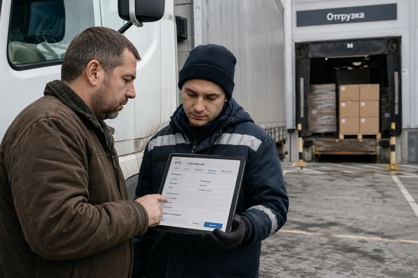 Водитель и сотрудник логистического терминала сверяют электронную перевозочную накладную на планшете перед отправкой грузовика