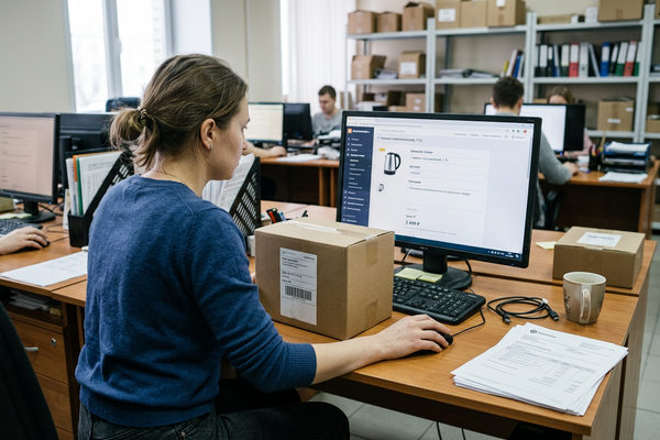 Сотрудник e-commerce сверяет карточку товара и данные упаковки для ИИ-поиска