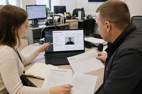HR-специалист и операционный руководитель оценивают кандидата через ИИ-интервью для логистики и e-commerce