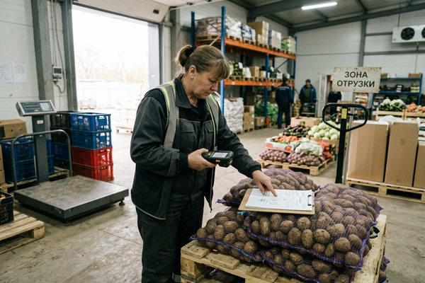 Сотрудник проверяет партию картофеля на палетах в зоне отгрузки, управление запасами для ритейла