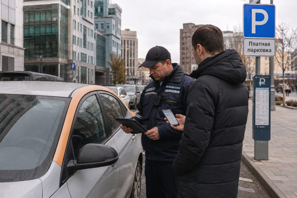 Сотрудник парковочной службы проверяет автомобиль каршеринга на платной парковке в городе