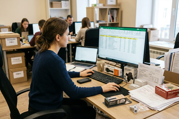 Менеджер e-commerce работает с таблицей SKU и товаров маркетплейса М.Видео в офисе