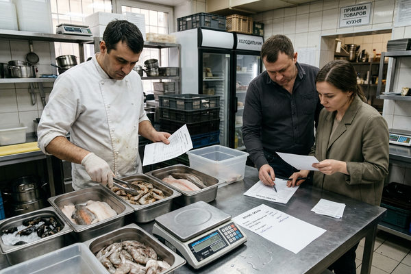 Шеф-повар, управляющий и закупщик ресторана сверяют морепродукты, меню и закупочные цены на рабочей кухне