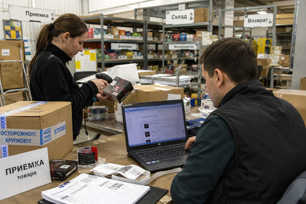 Сотрудники e-commerce проверяют ассортимент и сканируют товар в зоне приемки нишевого маркетплейса