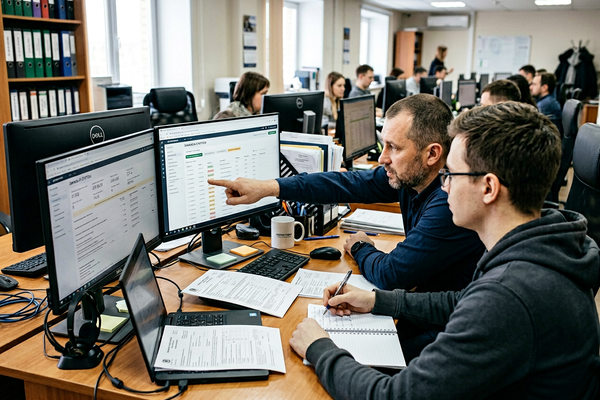 Операционный менеджер контролирует заказы и отгрузки на экранах в офисе логистической компании