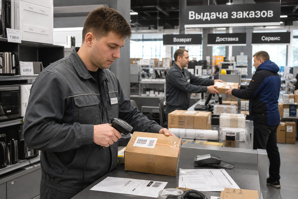 Сотрудник магазина электроники сканирует онлайн-заказ в зоне выдачи заказов и доставки