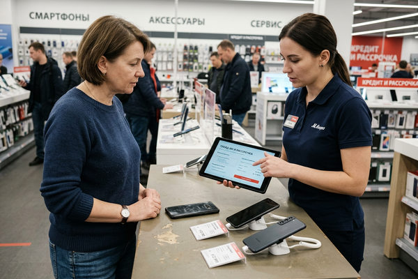 Покупатель сравнивает смартфоны и условия трейд-ин в российском магазине электроники