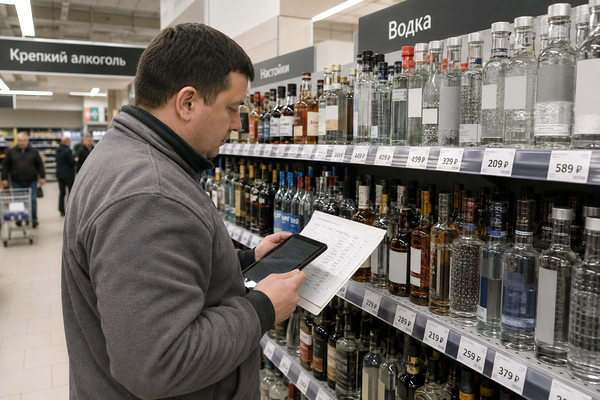 Сотрудник супермаркета проверяет ценники и ассортимент водки на алкогольной полке