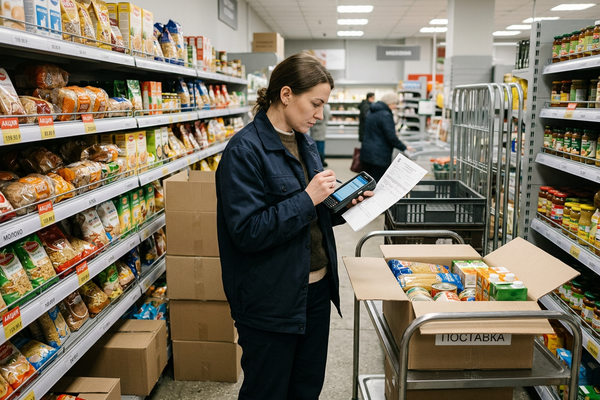 Сотрудник продуктового магазина сверяет поставку и товарные остатки в торговом зале