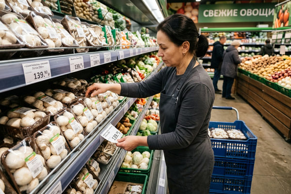 Сотрудница супермаркета проверяет выкладку свежих шампиньонов на полке с ценниками в овощном отделе