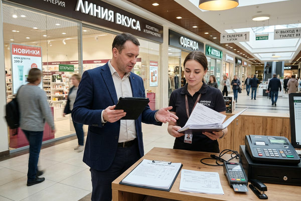 Управляющий торгового центра проверяет документы и POS-терминал арендатора в галерее ТЦ