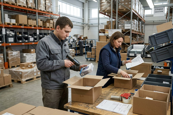 Сотрудники склада e-commerce комплектуют заказы и сканируют товары в зоне фулфилмента