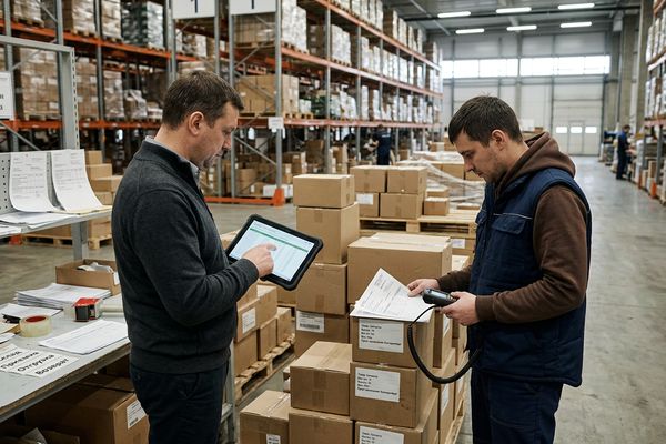 Сотрудники склада сверяют товарные остатки и документы на фоне снижения спроса и пересмотра операционных планов бизнеса