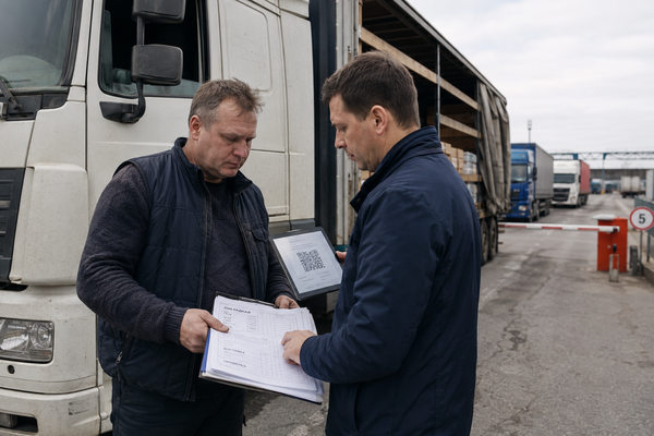 Водитель и логист проверяют документы и QR-код у грузовика перед прохождением границы с Казахстаном по системе СПОТ
