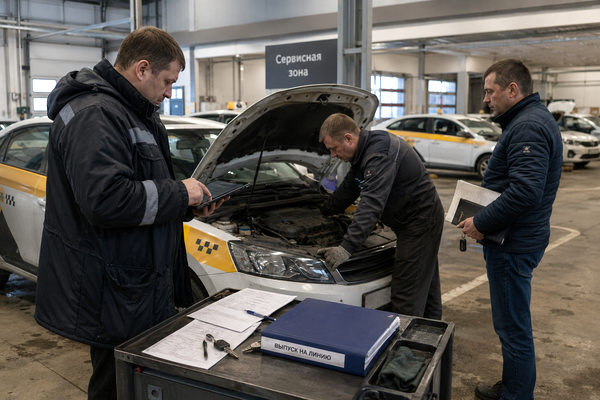 Проверка автомобиля такси в сервисной зоне таксопарка перед выпуском на линию