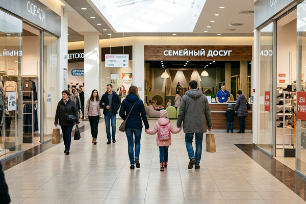 Посетители торгового центра идут мимо витрин к зоне семейного досуга