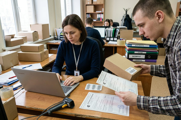 Сотрудники e-commerce-продавца проверяют карточку товара, сертификаты и документы перед размещением товара на маркетплейсе