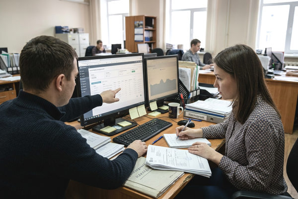 Специалисты supply chain анализируют данные по заказам и остаткам в офисе цифровой логистики