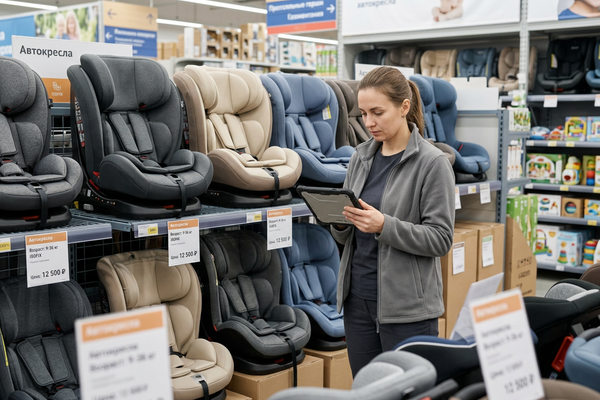 Сотрудник магазина проверяет ассортимент универсальных автокресел и остатки в детском ритейле