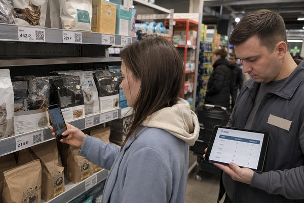 Покупатель сканирует QR-код на ценнике, сотрудник проверяет остатки SKU на планшете в магазине