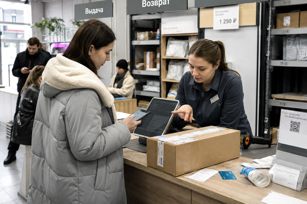 Покупатель выбирает способ оплаты в пункте выдачи заказов маркетплейса, сотрудник показывает терминал у кассовой стойки