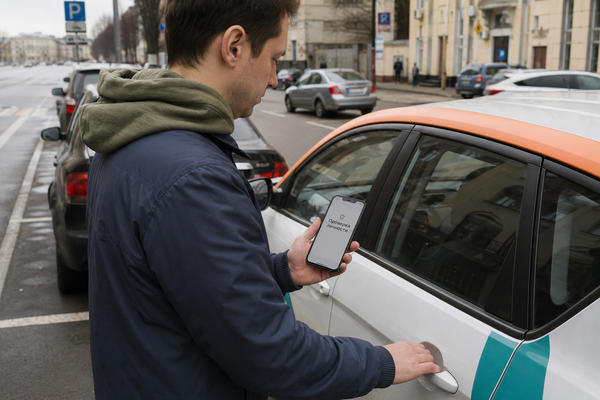 Пользователь каршеринга проходит авторизацию через смартфон перед поездкой у автомобиля на городской парковке