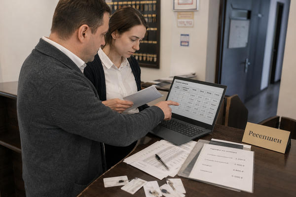 Управляющий и администратор бюджетного отеля Петербурга сверяют загрузку номеров и тарифы у стойки ресепшена