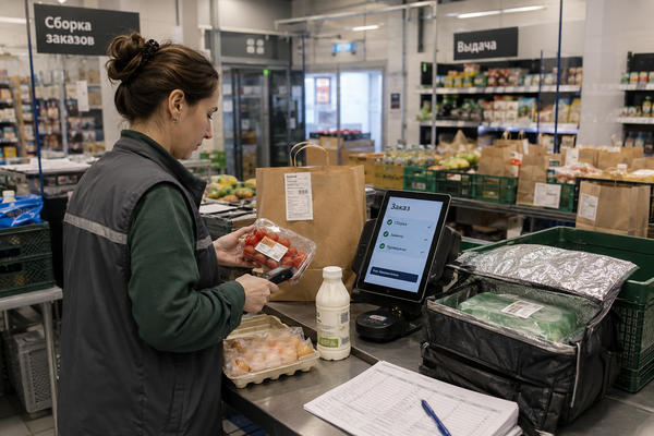 Сотрудник проверяет сборку продуктового онлайн-заказа в зоне e-grocery перед выдачей