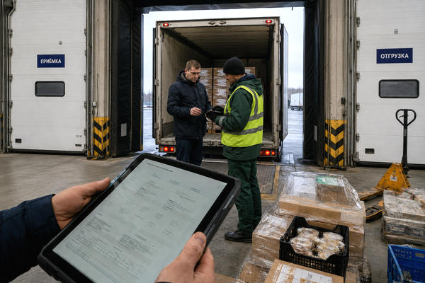 Водитель и сотрудник склада проверяют ЭПД на планшете перед отгрузкой продуктов в рефрижераторный грузовик