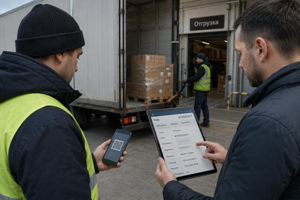 Логист и водитель проверяют ЭТрН и QR-код рейса у зоны отгрузки перед отправкой грузового автомобиля