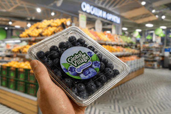 Упаковка голубики Global Village на фоне магазина Пятёрочка как пример fresh-категории и управления ягодными запасами