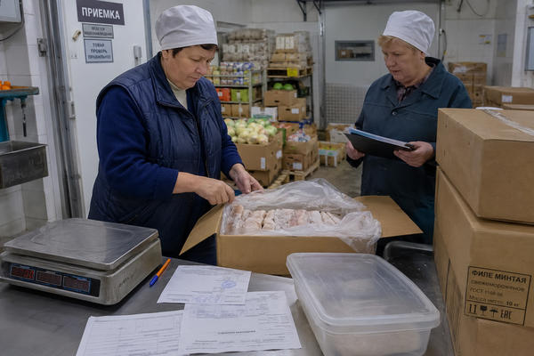 Приемка замороженной рыбы по накладным в зоне поставок социального учреждения