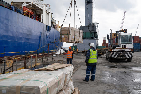 Перевалка груза с судна на причал в российском морском порту, портовые работники и техника на фоне контейнеров