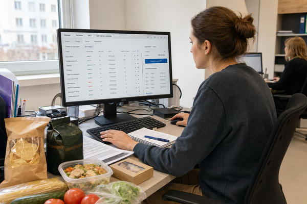 Аналитик e-grocery работает с ассортиментом, заказами и запасами на экране