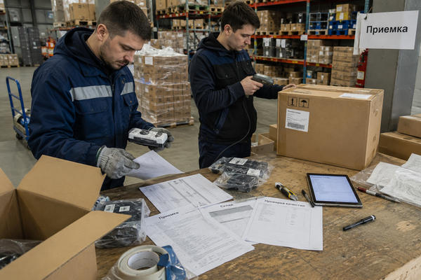 Приемка импортной партии на складе: сотрудники проверяют товары из Китая, документы и маркировку перед вводом в оборот