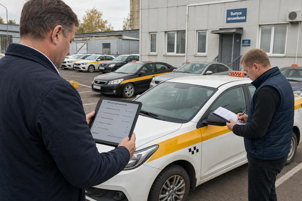 Сотрудники таксопарка проверяют документы у автомобиля такси перед выпуском на линию