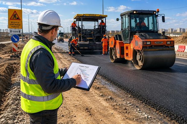 Дорожная техника и прораб на стройке трассы: лизинг спецтехники для обновления парка подрядчиков