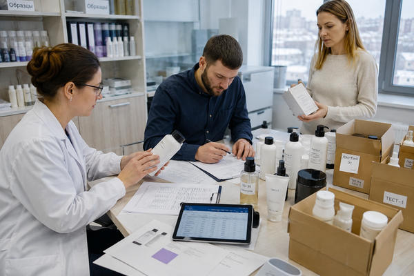 Сотрудники R&D-отдела проверяют тестовую партию косметики и упаковку для локализации косметики в России