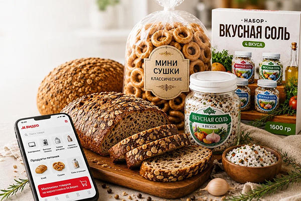 Хлеб, сушки и соль рядом со смартфоном с маркетплейсом М.Видео как символ расширения FMCG-ассортимента