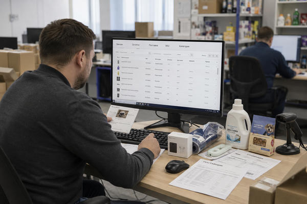 Менеджер e-commerce сверяет SKU, остатки и заказы маркетплейса М.Видео в рабочем интерфейсе