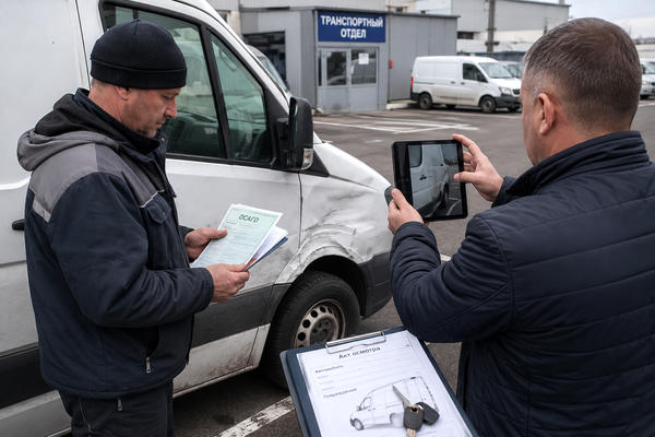 Сотрудники автопарка фиксируют повреждение фургона для ОСАГО и урегулирования ДТП в транспортной логистике