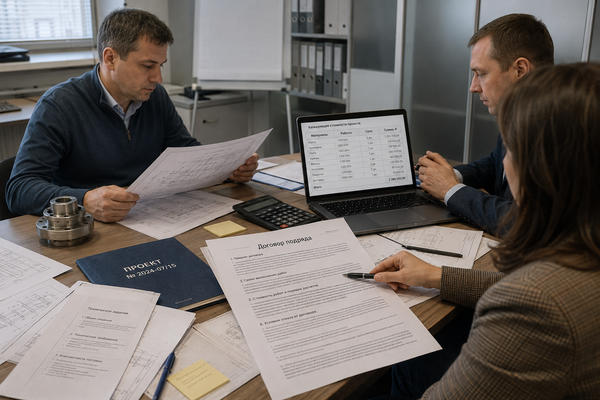 Обсуждение договора подряда и расчета затрат по проекту под заказ в офисе промышленной компании