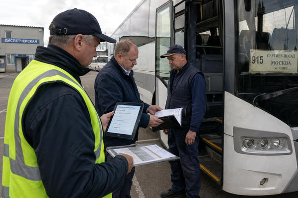 Проверка документов у пассажирского автобуса в автопарке перед выходом на маршрут