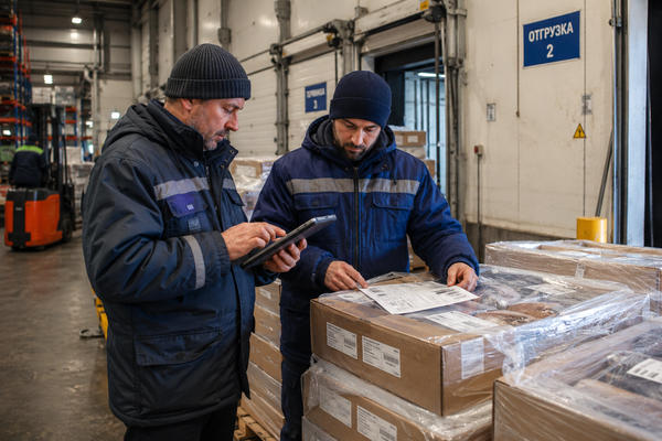 Сотрудники холодильного склада сверяют накладную и планшет при отгрузке рыбопродукции для регистрации сделок с рыбой на бирже