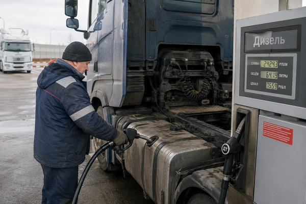 Водитель грузовика заправляет дизель на трассовой АЗС, рост цен на дизель и риски автологистики