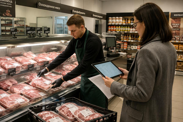 Сотрудник фирменного мясного магазина выкладывает продукцию в холодильную витрину, товаровед проверяет ассортимент и остатки на планшете