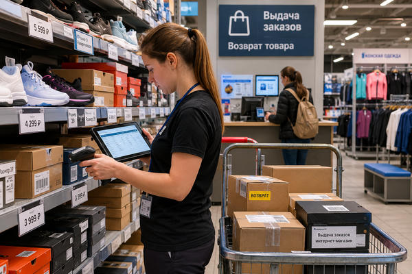 Сотрудник спортивного магазина сверяет остатки обуви и онлайн-заказы у полок с товарами
