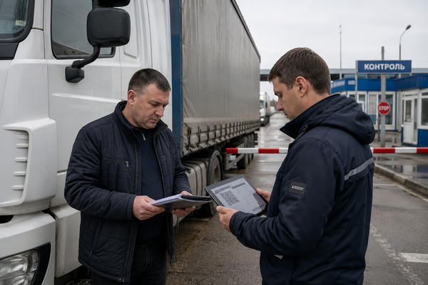 Водитель и логист сверяют документы и QR-код по СПОТ у грузовика на таможенном пункте