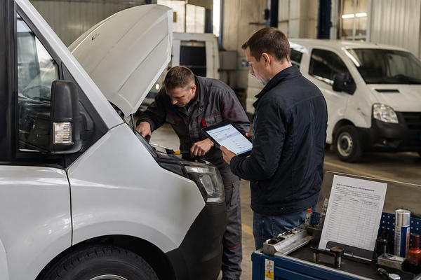 Проверка коммерческого автомобиля в сервисной зоне корпоративного автопарка перед выходом на линию
