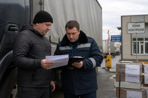 Проверка документов у грузовика в зоне контроля при транзите грузов через Казахстан